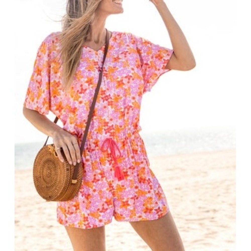 Cabana Life Romper Surfside Beach Dolman Sleeve Floral Pink Orange Medium